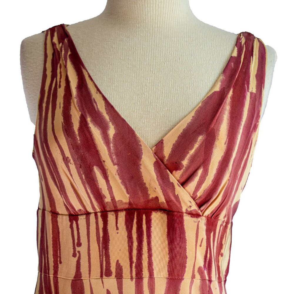NEW silk long maxi dress painted 8 10 M L wedding party beige tan brown stripe